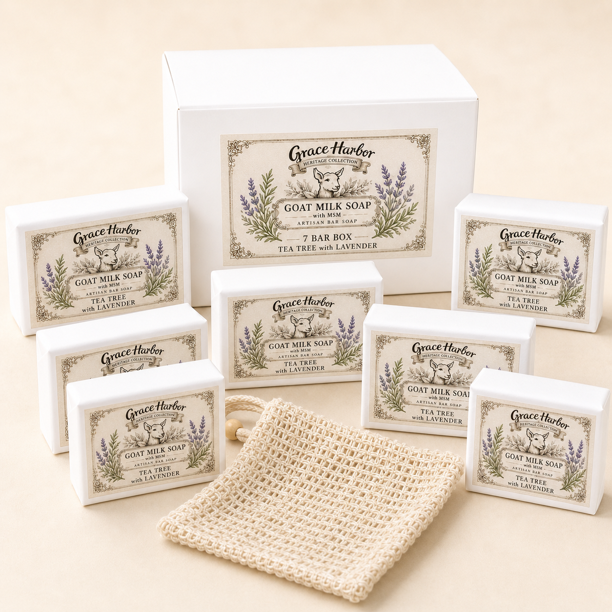 Grace Harbor Goat Milk Soap with MSM Tea Tree with Lavender 7 bar box