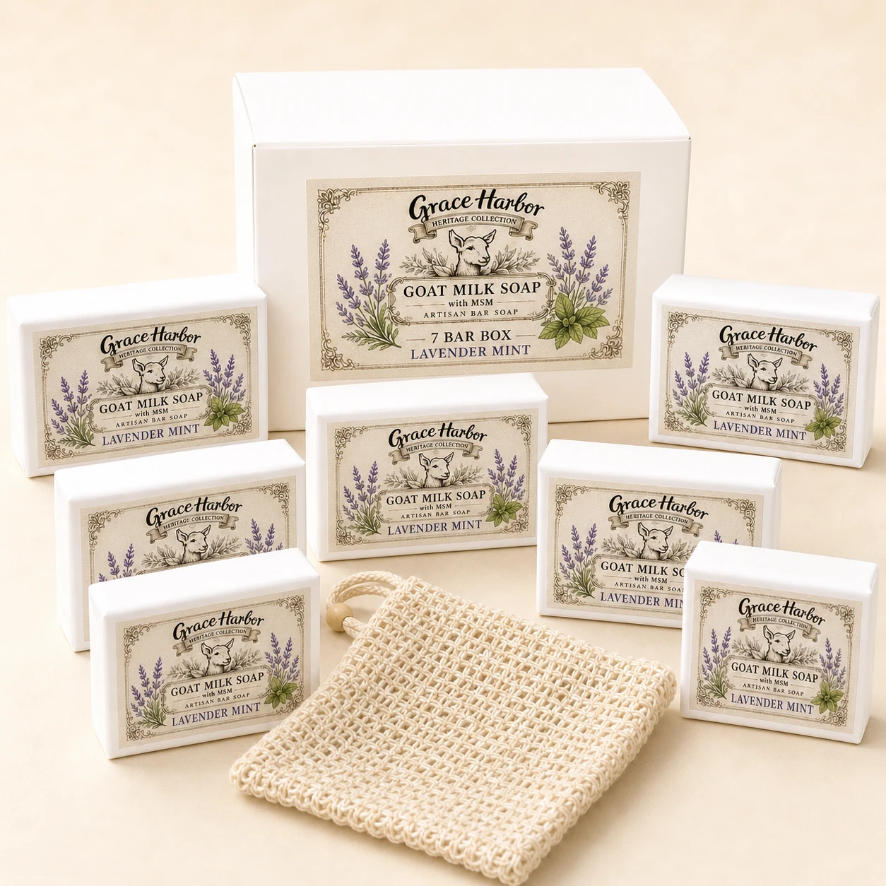Grace Harbor Goat Milk Soap with MSM Lavender Mint 7 bar box