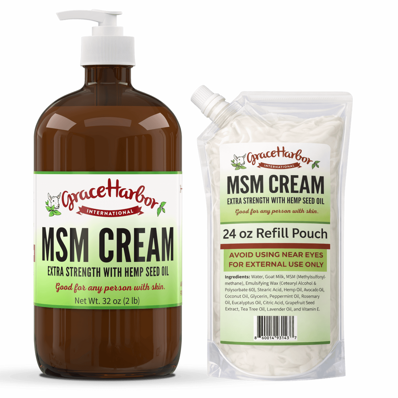 32 oz Extra Strength MSM Cream pump bottle with one 24 oz refill pouch