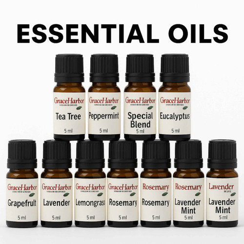 Grace Harbor pure essential oil bottles for aromatic blends