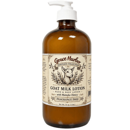 Grace Harbor Fragrance-Free Goat Milk Lotion with Manuka Honey – Nourishing and Hydrating Skin Care for Sensitive Skin - 32 ounce Glass Bottle with Pump Dispenser
