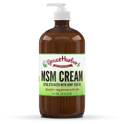 Extra Strength MSM Cream 32 oz amber glass bottle with pump by Grace Harbor