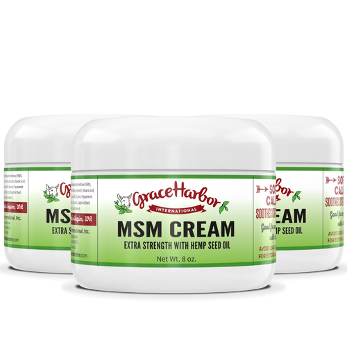 Extra Strength MSM Cream value bundle with three 8 ounce plastic jars by Grace Harbor, best seller multi pack for everyday care