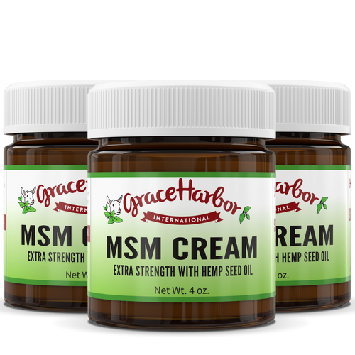 A 4 ounce jar of Grace Harbor Extra Strength MSM Cream, featuring a clean, minimalistic label. This handcrafted product is enriched with 50% more MSM and Vitamin E, perfect for skin, muscle, and joint therapy.