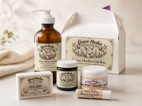 Grace Harbor Fragrance Free gift box with goat milk lotion, face cream, soap, lip balm, and 2 oz MSM cream