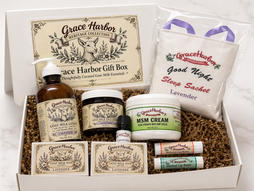 Grace Harbor Lavender signature gift box with goat milk lotion, face cream, two lavender soaps, lip balms, lavender essential oil, 8 oz MSM cream, and lavender sleep sachet