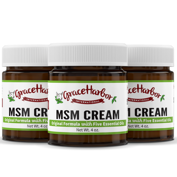 Original MSM Cream buy 2 get 1 free bundle with three 4 oz amber glass jars by Grace Harbor