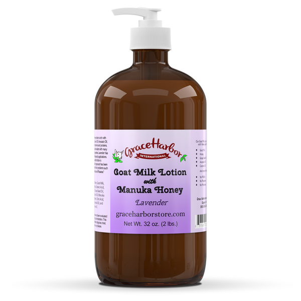 Grace Harbor Lavender Goat Milk Lotion with Manuka Honey – 32 Ounce Glass Bottle with Pump Dispenser – Soothing and Hydrating Skin Care for Sensitive Skin