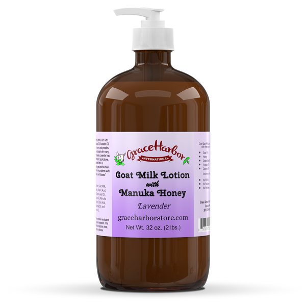 Grace Harbor Lavender Goat Milk Lotion with Manuka Honey – 32 Ounce Glass Bottle with Pump Dispenser – Soothing and Hydrating Skin Care for Sensitive Skin