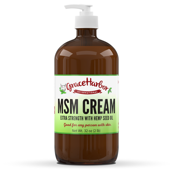 Extra Strength MSM Cream 32 oz amber glass bottle with pump by Grace Harbor