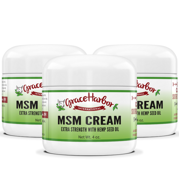 Extra Strength MSM Cream value bundle with three 8 ounce plastic jars by Grace Harbor, best seller multi pack for everyday care
