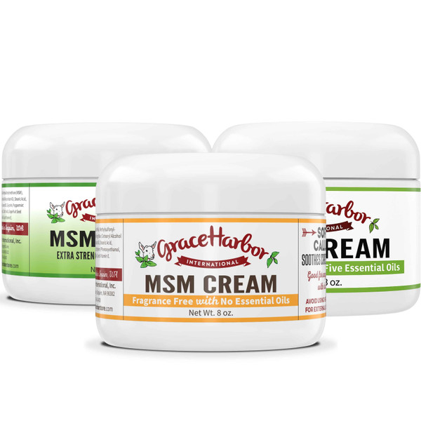 MSM cream variety pack, 3 - 8 ounce plastic jars, extra-strength, original, and fragrance free