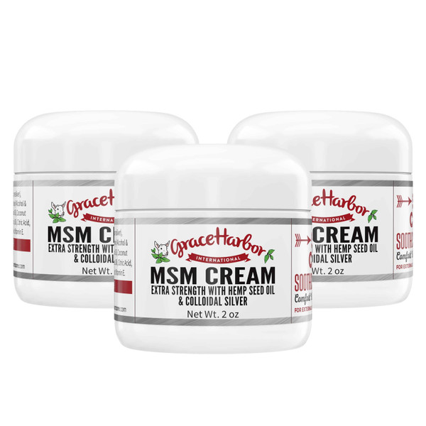 Grace Harbor Colloidal Silver MSM Cream jar, natural extra strength goat milk skincare.
