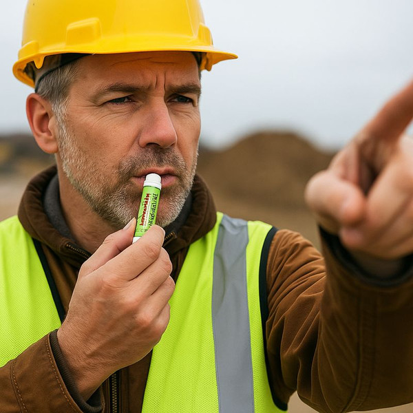 Middle-aged construction worker outdoors applying Grace Harbor Herbal Lip Balm while pointing off-camera on a job site.