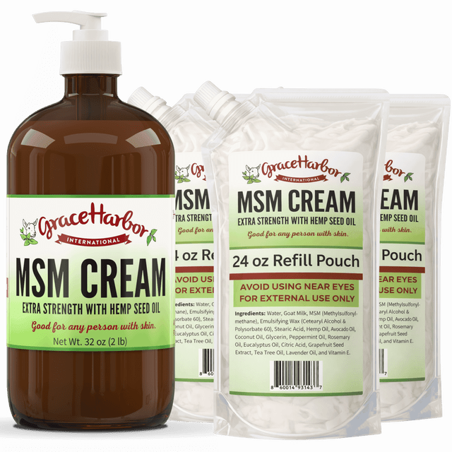 32 oz Extra Strength MSM Cream pump bottle with three 24 oz refill pouches