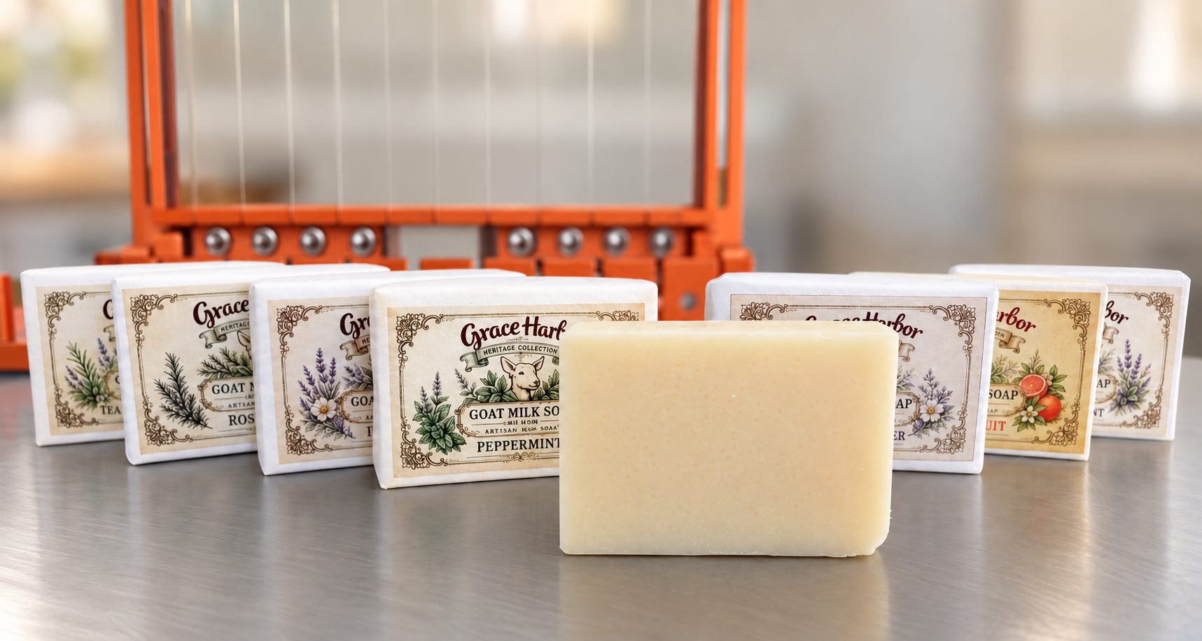 Handcrafted Grace Harbor goat milk soaps, wrapped and unwrapped, in the soap room