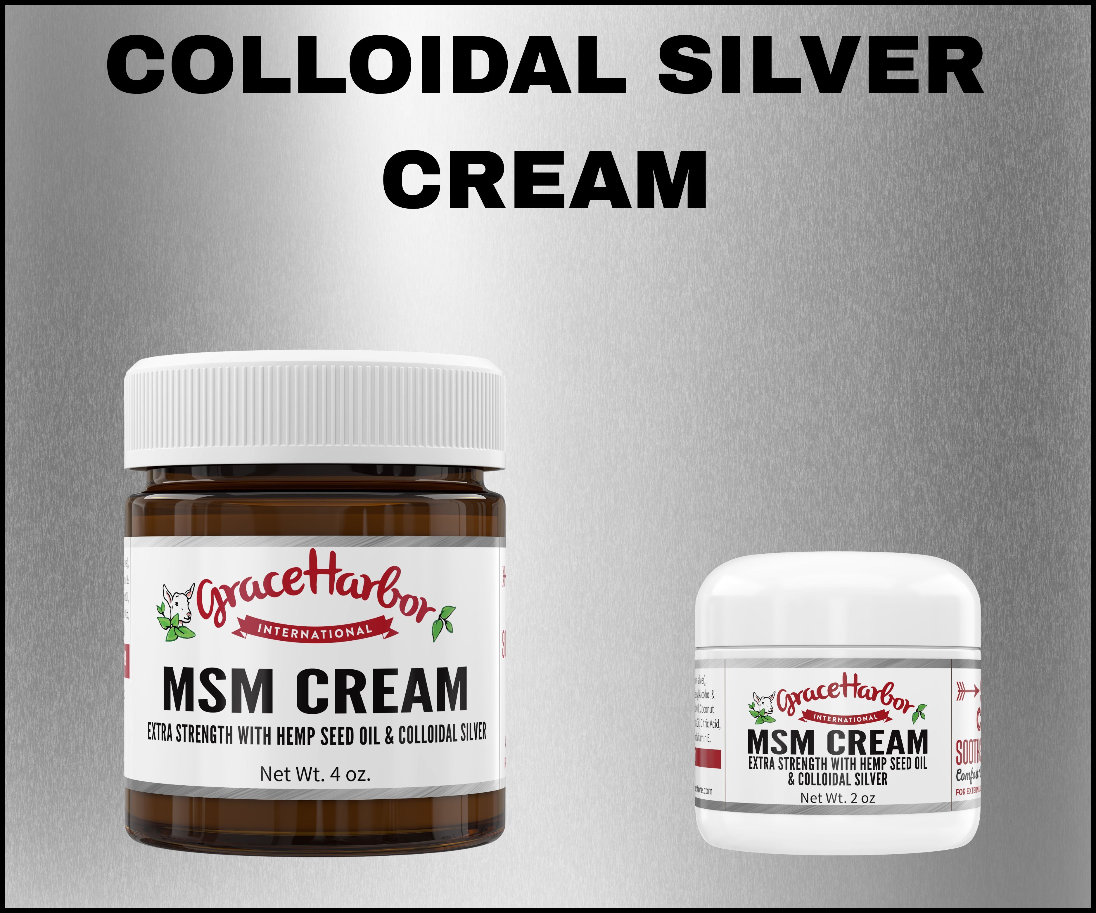 Grace Harbor Colloidal Silver MSM Cream in natural light, with both 2oz and 4oz jars shown