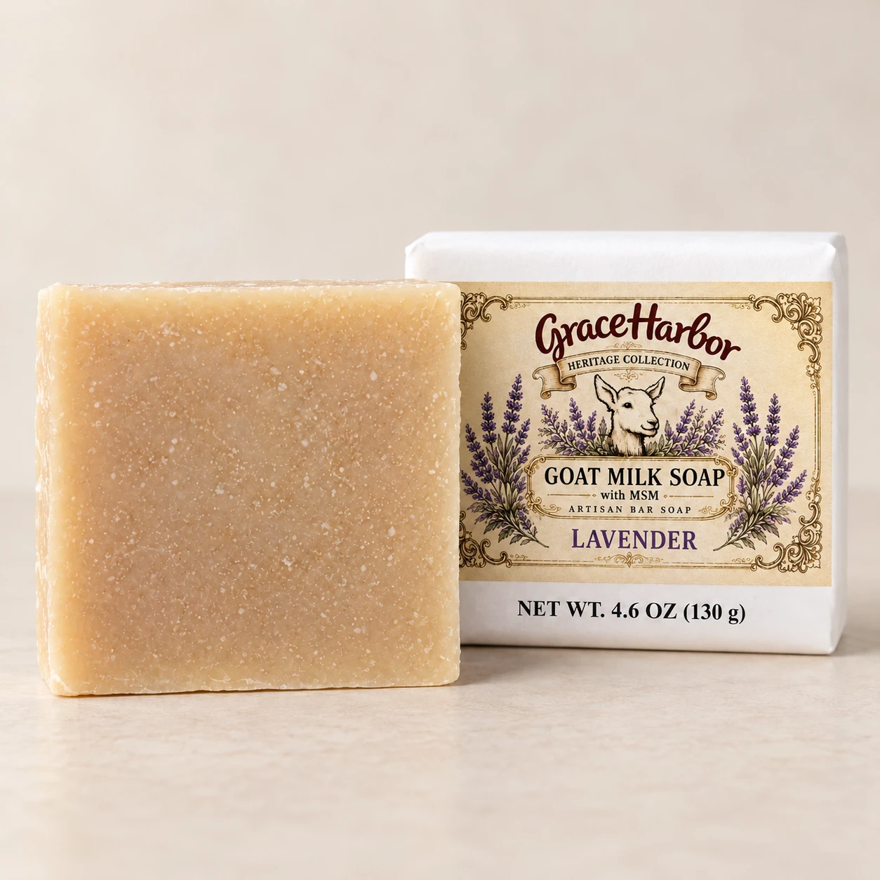Lavender 4.6 oz Goat Milk Soap with MSM, wrapped and unwrapped