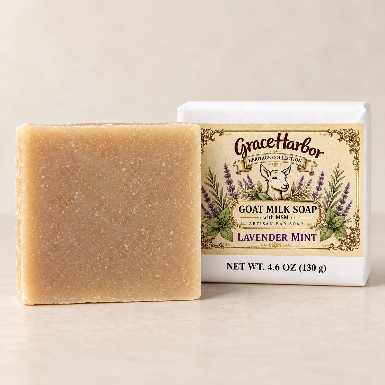 Lavender Mint 4.6 oz Goat Milk Soap with MSM, wrapped and unwrapped