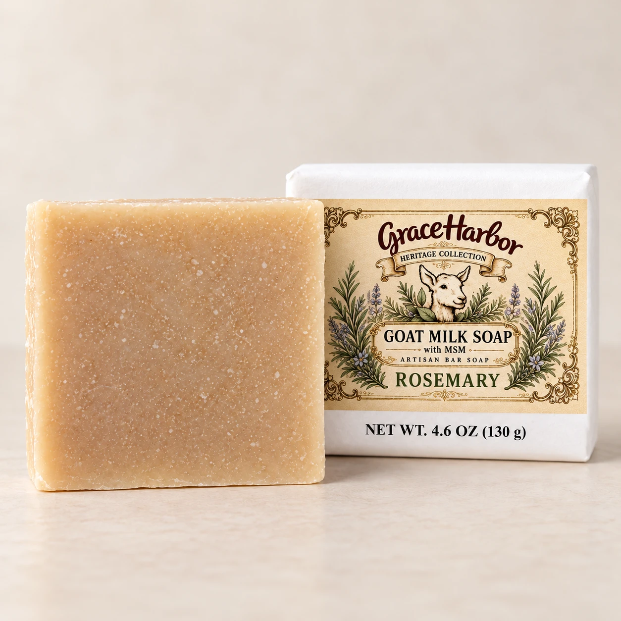 Rosemary 4.6 oz Goat Milk Soap with MSM, wrapped and unwrapped