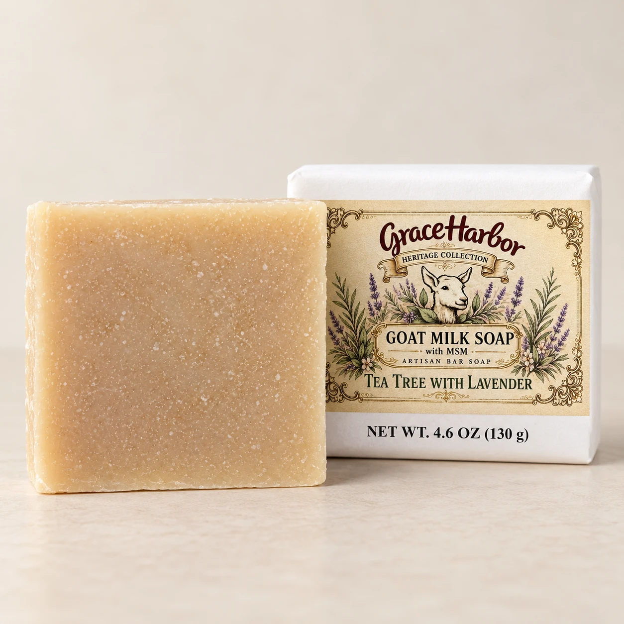 Tea Tree with Lavender 4.6 oz Goat Milk Soap with MSM, wrapped and unwrapped