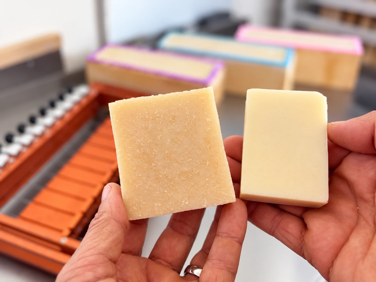 New 4.6 oz soap bar on the left beside the current 3.6 oz bar on the right