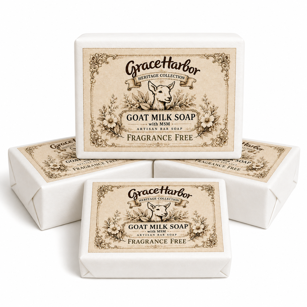 Grace Harbor Fragrance Free Goat Milk Soap with MSM four-pack and plain unwrapped soap bar