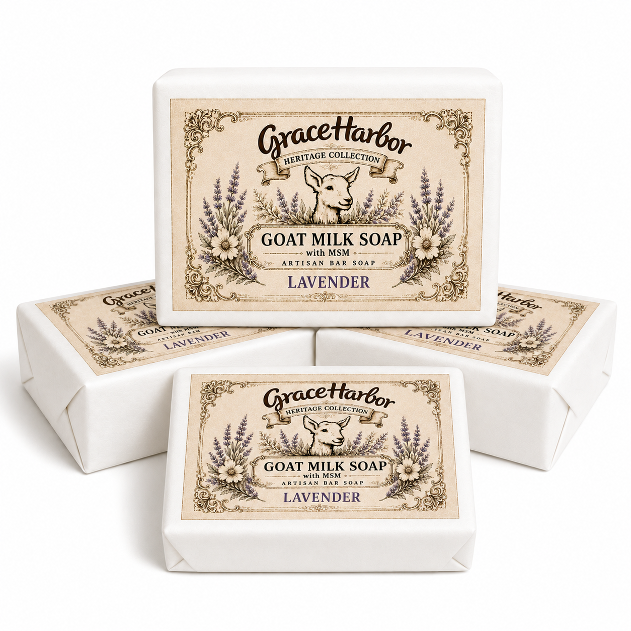 Grace Harbor Lavender Goat Milk Soap with MSM four-pack and plain unwrapped soap bar
