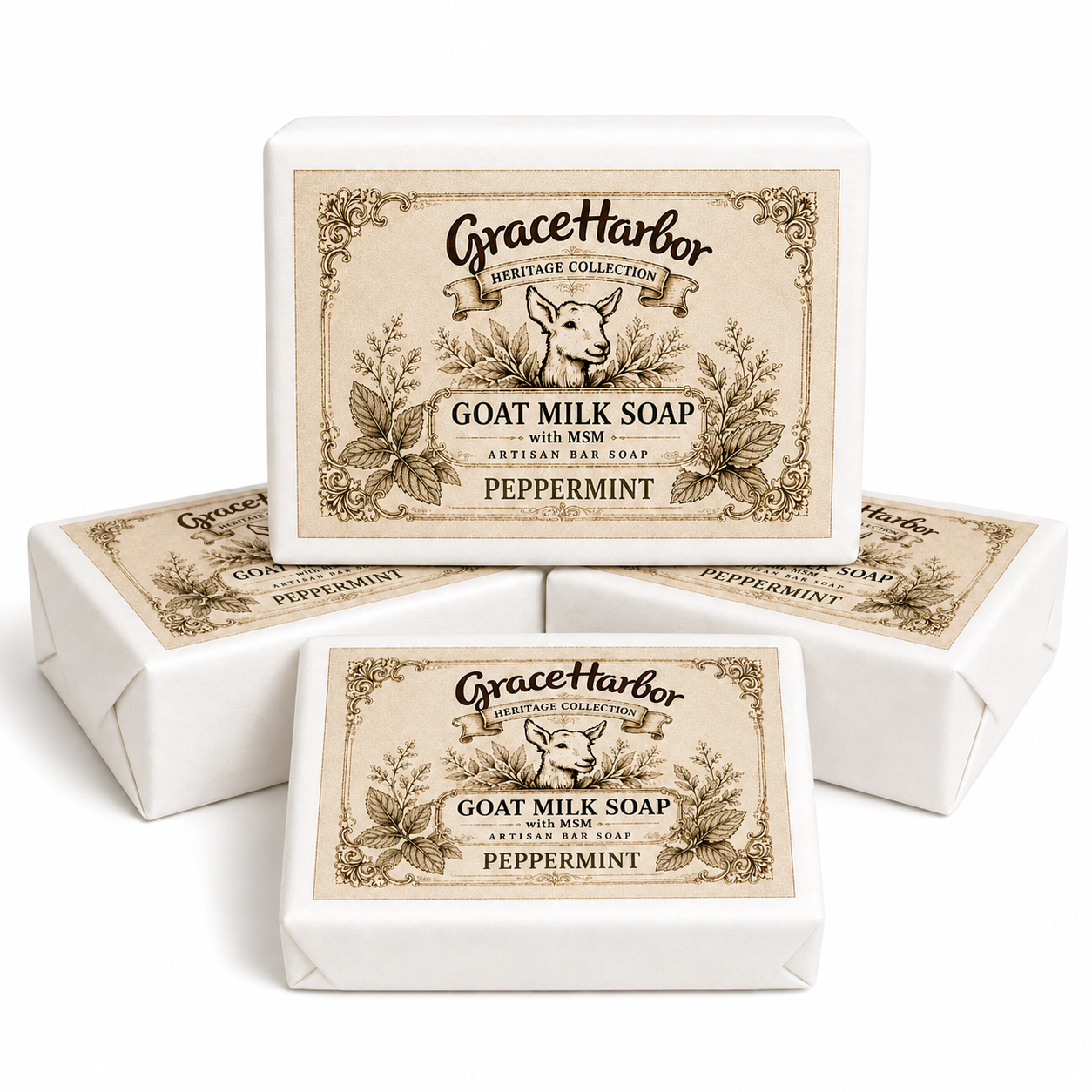 Grace Harbor Peppermint Goat Milk Soap with MSM four-pack and plain unwrapped soap bar