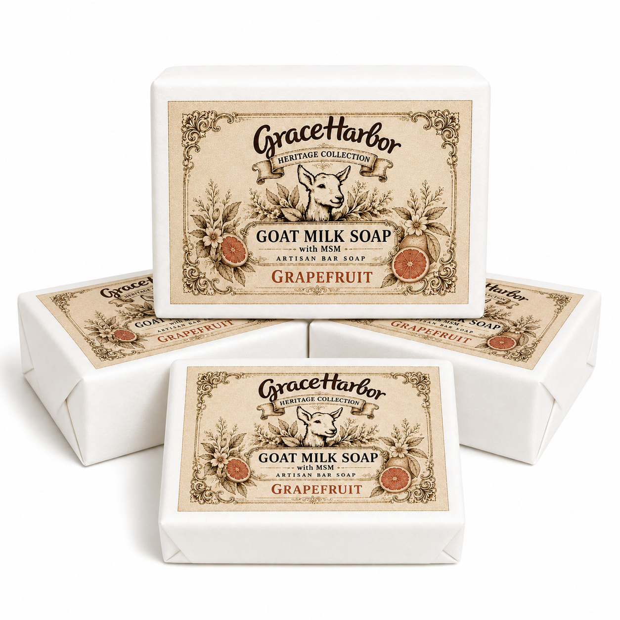 Grace Harbor Grapefruit Goat Milk Soap with MSM four-pack and plain unwrapped soap bar