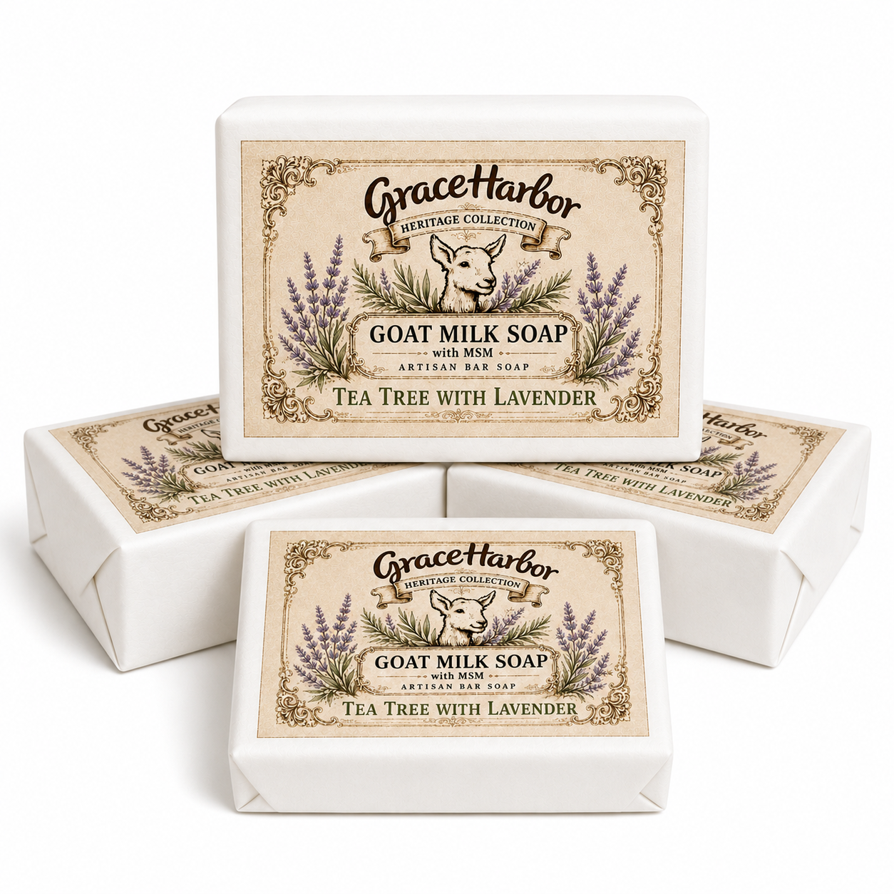 Grace Harbor Tea Tree with Lavender Goat Milk Soap with MSM four-pack and plain unwrapped soap bar