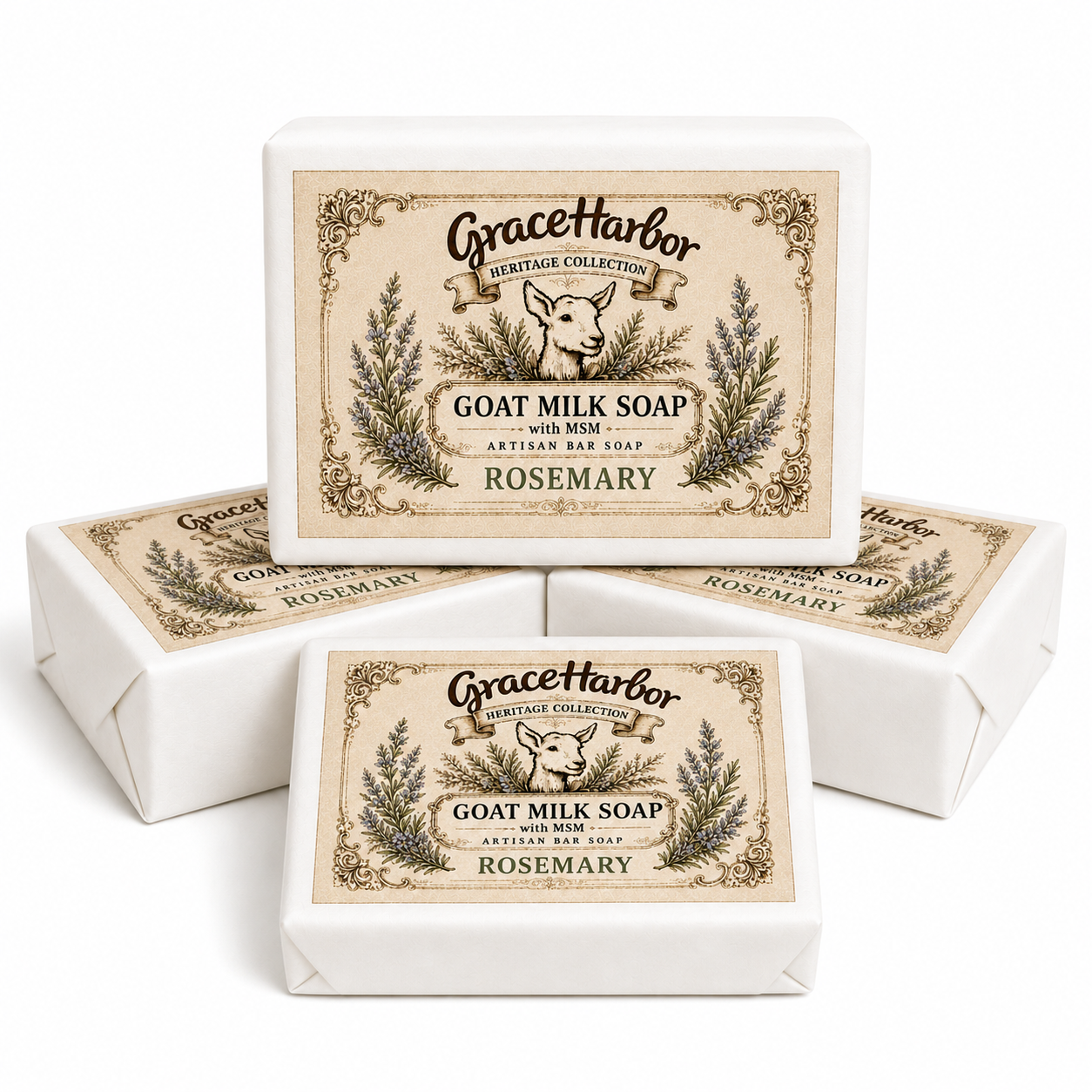Grace Harbor Rosemary Goat Milk Soap with MSM four-pack and plain unwrapped soap bar