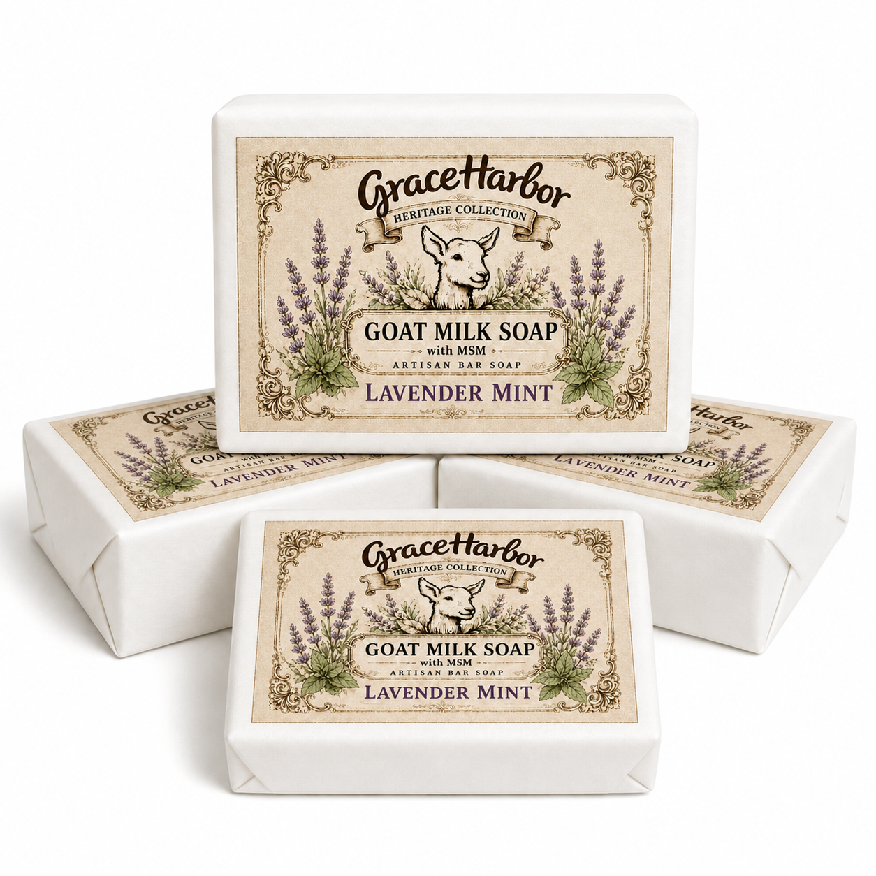 Grace Harbor Lavender Mint Goat Milk Soap with MSM four-pack and plain unwrapped soap bar