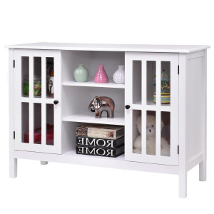 White Wood Sofa Table Console Cabinet with Tempered Glass Panel Doors Q280-WTSCA115952904