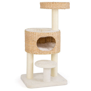 Modern Cat Tower Cat Tree with Top Perch Cattail Fluff Condo-Natural B593-PV10203