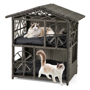 2-storey Wicker Cat House Rattan Kitten Condo Enclosure with Removable Cushions-Gray B593-PV10298