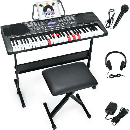61-Key Portable Electronic Keyboard Piano with Stand and Stool - Color: Black D681-MU70009