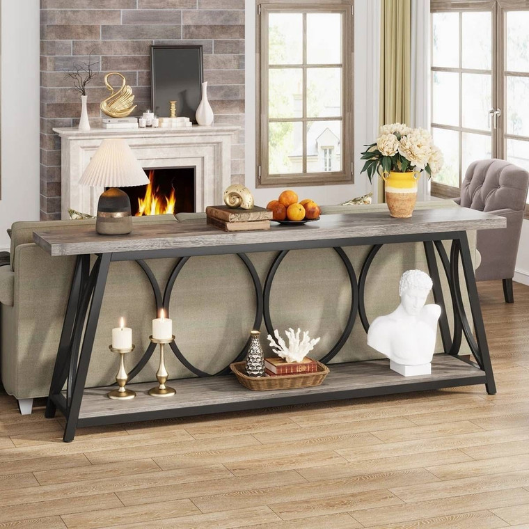 Industrial 70-inch Grey Wood Top Sofa Table with Heavy Duty Black Metal Frame Q280-GRCTSM15982746