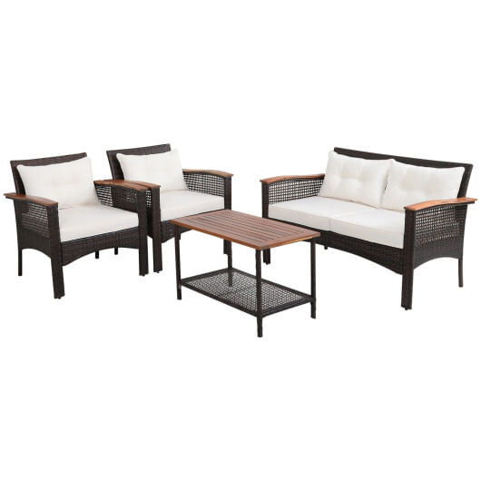 4 Pieces Patio Rattan Acacia Wood Furniture Set with Cushions and Armrest - Color: Espresso D681-HW69538+