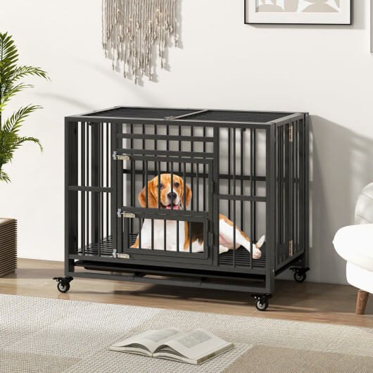 Foldable Heavy-Duty Metal Dog Cage Chew-proof Dog Crate with Lockable Universal Wheels - Color: Bla D681-PU10037