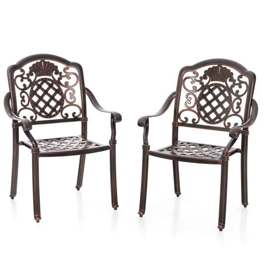 Patio Cast Aluminum Dining Chairs Set of 2 Metal Armchairs Stackable-Copper - Color: Copper D681-NP11470WN-2