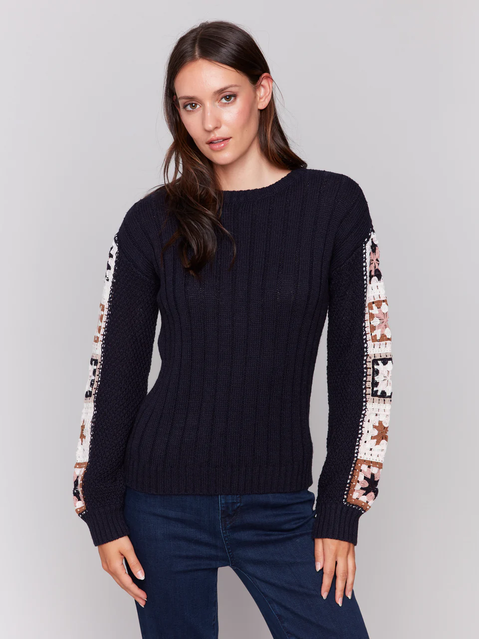 Sweater with Crochet Sleeves - Navy-Charlie B