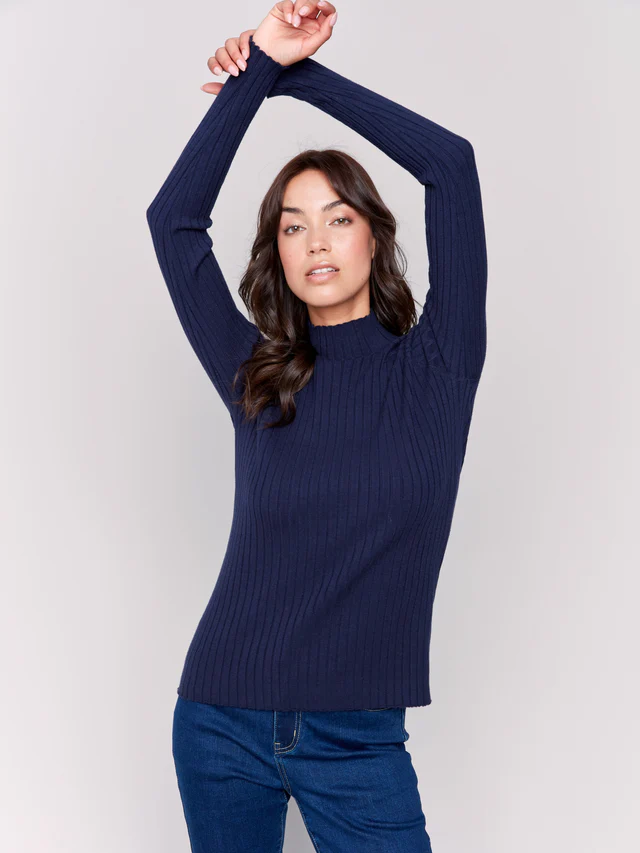Ribbed Knit Mock Neck Sweater - Navy-Charlie B