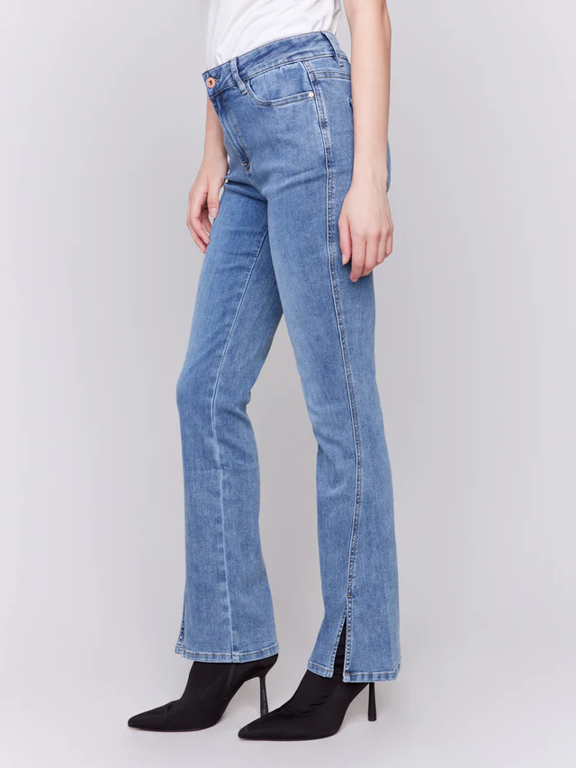 Bootcut Jeans with Front Slits - Medium Blue-Charlie B