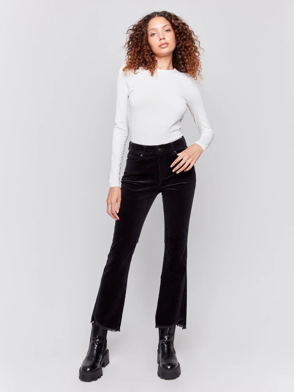 Bootcut Corduroy Pants with Asymmetrical Hem-Charlie B