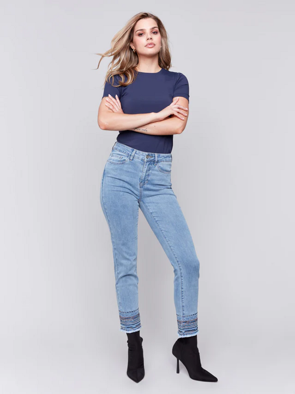 Embroidered Hem Jeans - Light Blue-Charlie B