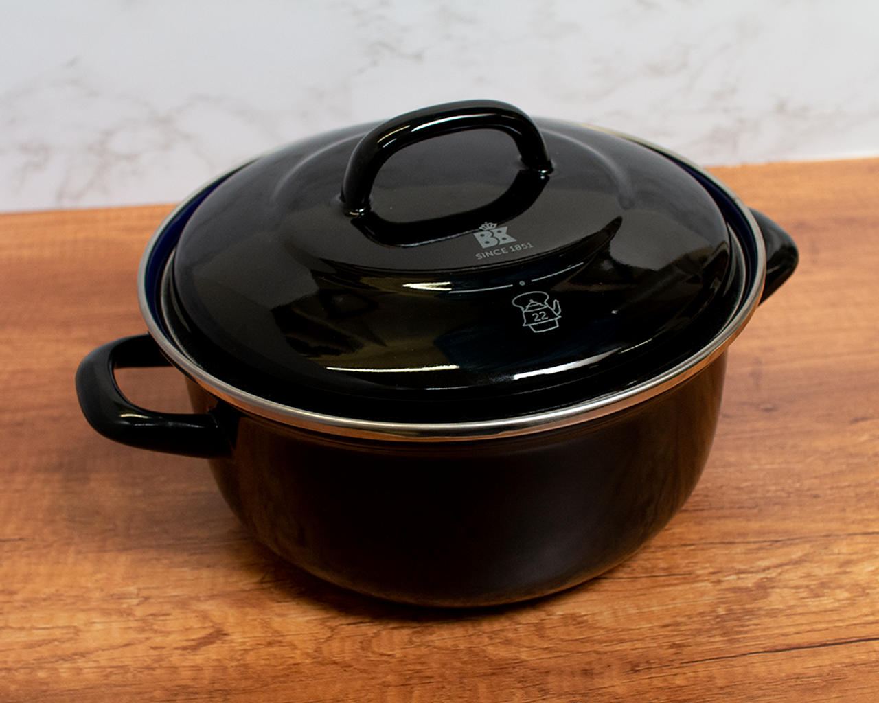 BK Enameled Steel Dutch Oven, 3.5-Quart, Black, Blue, & White on