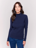 Ribbed Knit Mock Neck Sweater - Navy-Charlie B