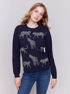 Cheetah Jacquard Crew-Neck Sweater-Charlie B Cheetah Jacquard Crew-Neck Sweater-Charlie B