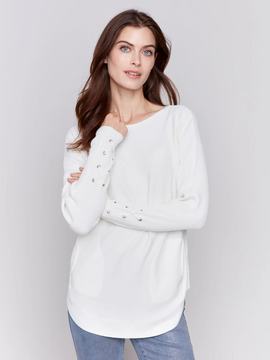 Knit Sweater with Lace-Up Cuffs - Ecru-Charlie B